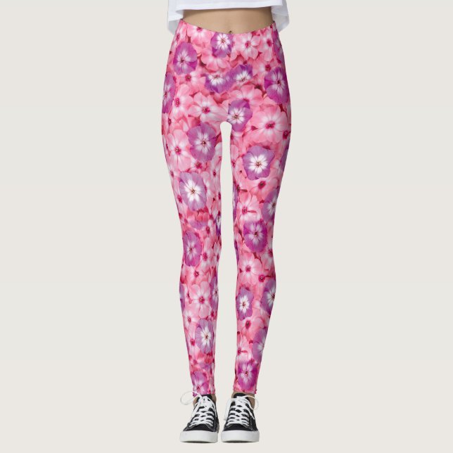 Pretty Magenta Pink Phlox Floral Pattern Leggings (Front)
