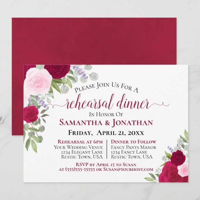 Pretty Magenta Pink Roses Wedding Rehearsal Dinner Invitation (Front/Back)