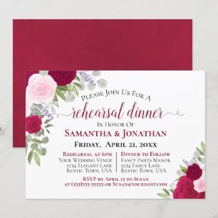 Pretty Magenta Pink Roses Wedding Rehearsal Dinner Invitation