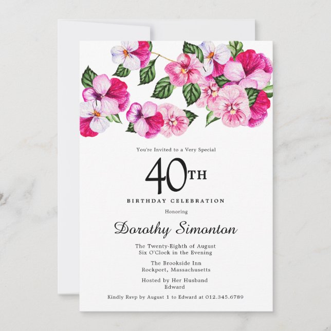 Pretty Magenta Pink White Floral 40th Birthday Invitation (Front)