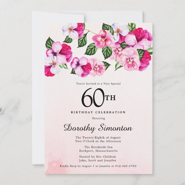 Pretty Magenta Pink White Floral 60th Birthday Invitation (Front)
