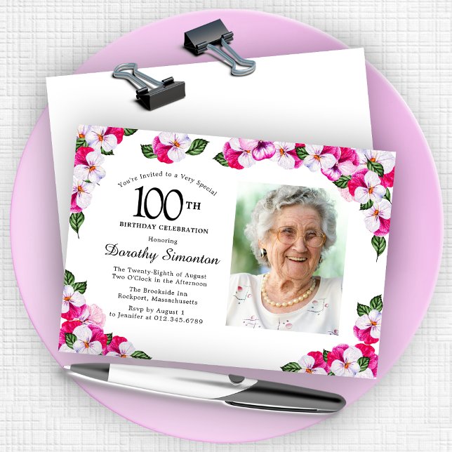 Pretty Magenta Pink White Photo 100th Birthday Invitation (Creator Uploaded)