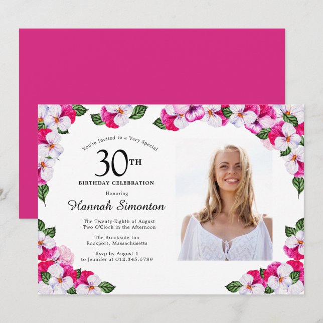 Pretty Magenta Pink White Photo 30th Birthday Invitation (Front/Back)