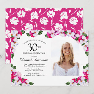 Pretty Magenta Pink White Photo 30th Birthday Invitation