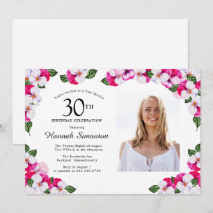 Pretty Magenta Pink White Photo 30th Birthday Invitation