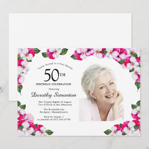 Pretty Magenta Pink White Photo 50th Birthday Invitation