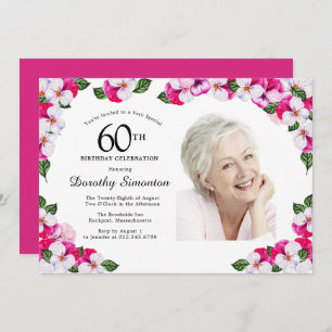 Pretty Magenta Pink White Photo 60th Birthday Invitation