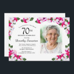 Pretty Magenta Pink White Photo 70th Birthday Invitation<br><div class="desc">An elegant frame of watercolor pansies surrounds your 70th birthday party details and photo. The bright and colourful magenta, pink and white floral is perfect for a spring or summer birthday celebration. All of the text is editable so you can create just the right vibe. The back of the invitation...</div>