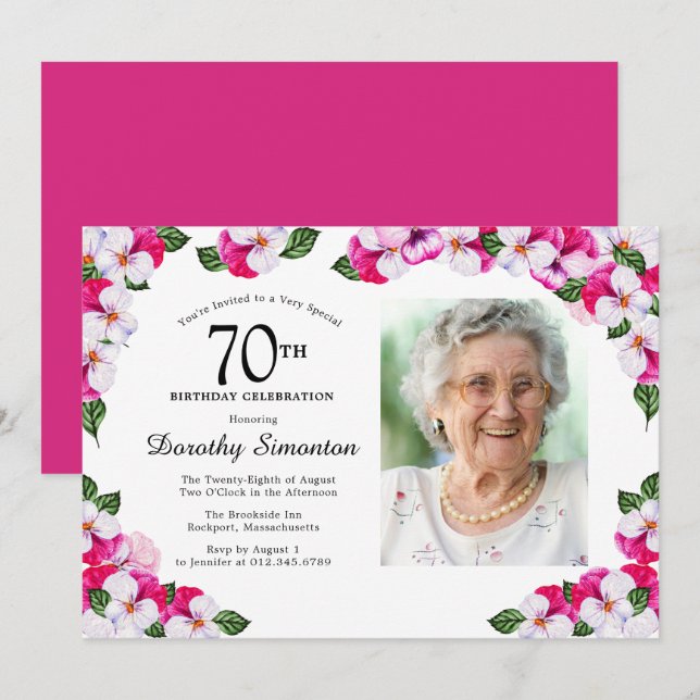 Pretty Magenta Pink White Photo 70th Birthday Invitation (Front/Back)
