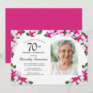 Pretty Magenta Pink White Photo 70th Birthday Invitation