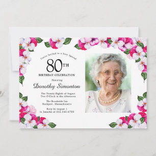 Pretty Magenta Pink White Photo 80th Birthday Invitation