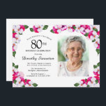 Pretty Magenta Pink White Photo 80th Birthday Invitation<br><div class="desc">An elegant frame of watercolor pansies surrounds your 80th birthday party details and photo. The bright and colourful magenta, pink and white floral is perfect for a spring or summer birthday celebration. All of the text is editable so you can create just the right vibe. The back of the invitation...</div>