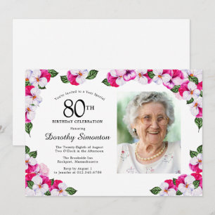 Pretty Magenta Pink White Photo 80th Birthday Invitation
