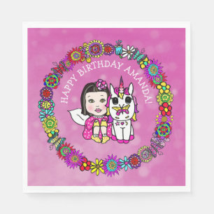 Pretty Magenta Unicorn and Fairy Personalised Napkin