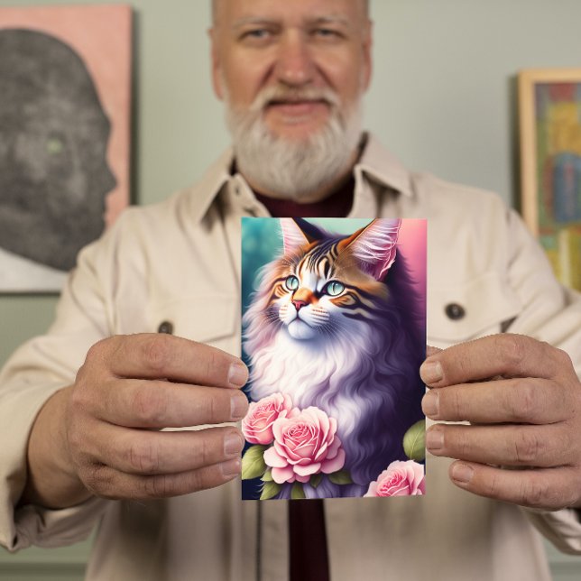 Pretty Maine Coon & Flowers Portrait  Card (Creator Uploaded)