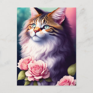 Pretty Maine Coon & Flowers Portrait Postcard