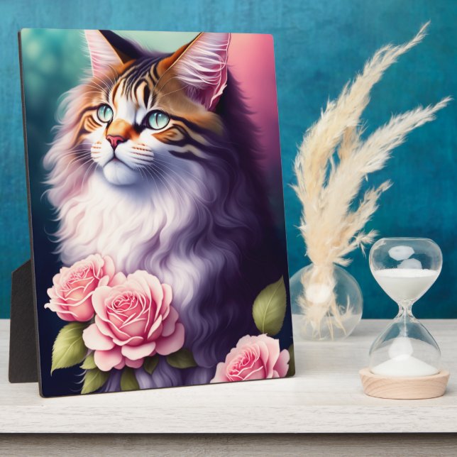 Pretty Maine Coon & Flowers Tabletop Plaque (Side)