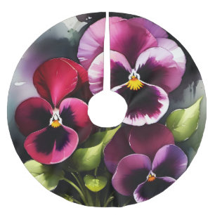 Pretty maroon daek red pansies watercolor painting brushed polyester tree skirt