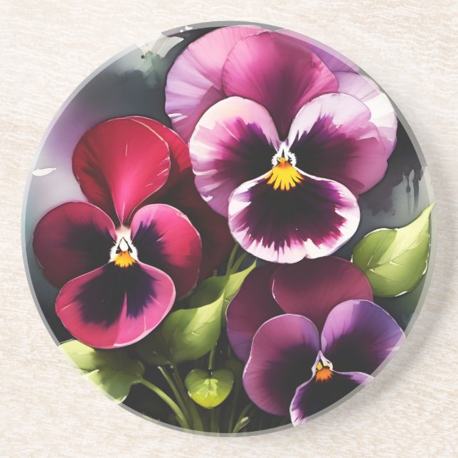 Pretty maroon daek red pansies watercolor painting coaster (Front)