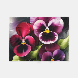 Pretty maroon daek red pansies watercolor painting fleece blanket