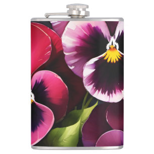 Pretty maroon daek red pansies watercolor painting hip flask