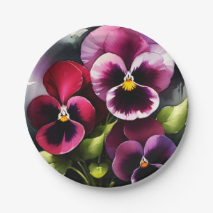 Pretty maroon daek red pansies watercolor painting paper plate