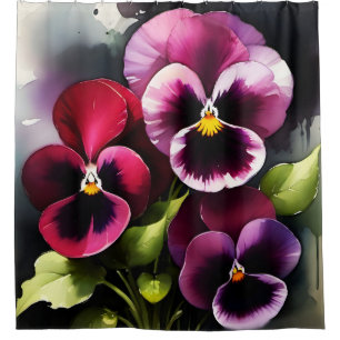 Pretty maroon daek red pansies watercolor painting shower curtain