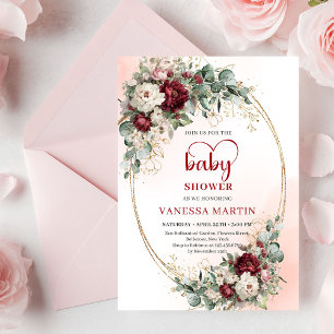 Pretty Marsala Flowers Gold Baby Shower Invitation
