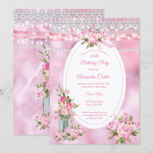 Pretty Mason Jar Pearl String Lights Floral Pink Invitation