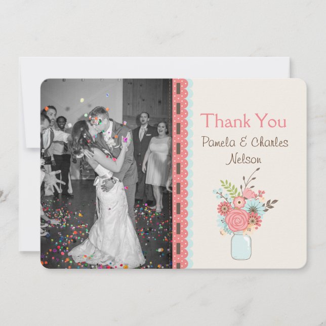 Pretty Mason Jar Photo Wedding Thank You Card (Front)