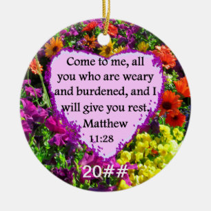PRETTY MATTHEW 11:28 PURPLE FLORAL DESIGN CERAMIC TREE DECORATION