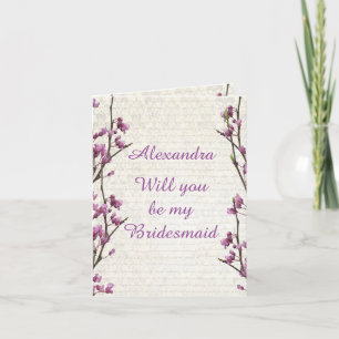Pretty mauve blossom will you be my bridesmaid invitation