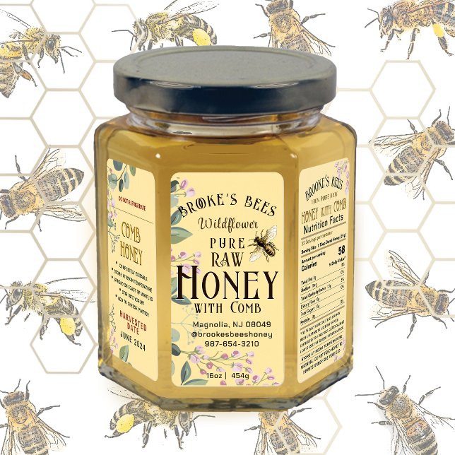 Pretty Meadow Flowers Bee Honey Comb Hex Jar Label (Creator Uploaded)