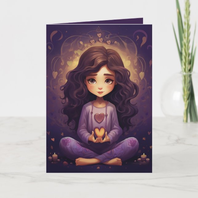 Pretty Meditating Yoga Girl Purple Hearts Birthday Card (Front)