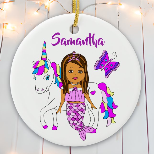 Pretty Mermaid and Unicorn Personalised Christmas Ceramic Tree Decoration (Creator Uploaded)