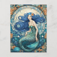 Pretty Mermaid Art Nouveau Art Deco Blue
