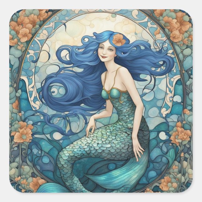 Pretty Mermaid Art Nouveau Art Deco Blue Square Sticker (Front)