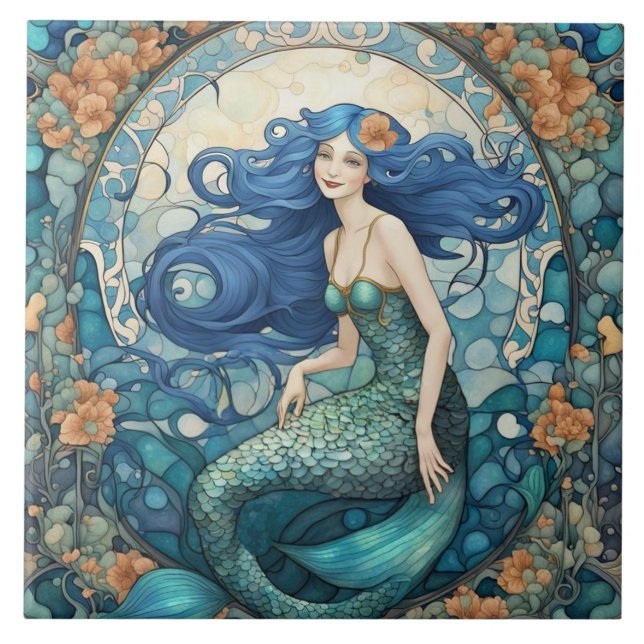 Pretty Mermaid Art Nouveau Art Deco Blue Tile (Front)