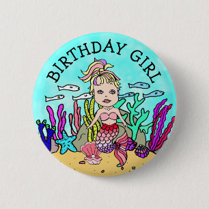 Pretty Mermaid Birthday Girl 6 Cm Round Badge