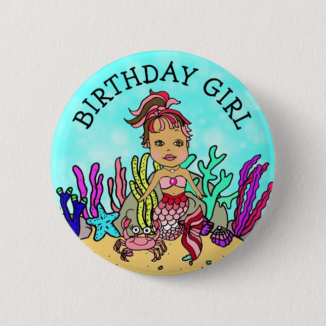 Pretty Mermaid Birthday Girl 6 Cm Round Badge (Front)