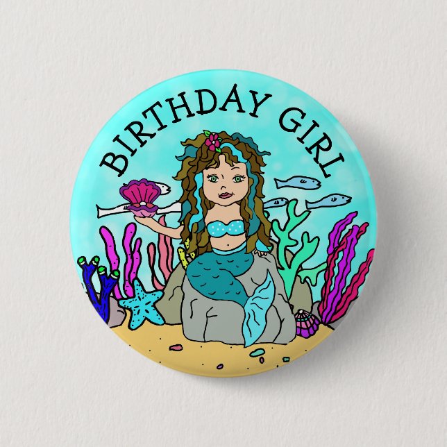 Pretty Mermaid Birthday Girl 6 Cm Round Badge (Front)