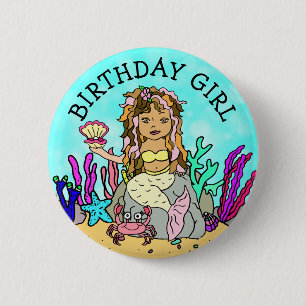 Pretty Mermaid Birthday Girl 6 Cm Round Badge