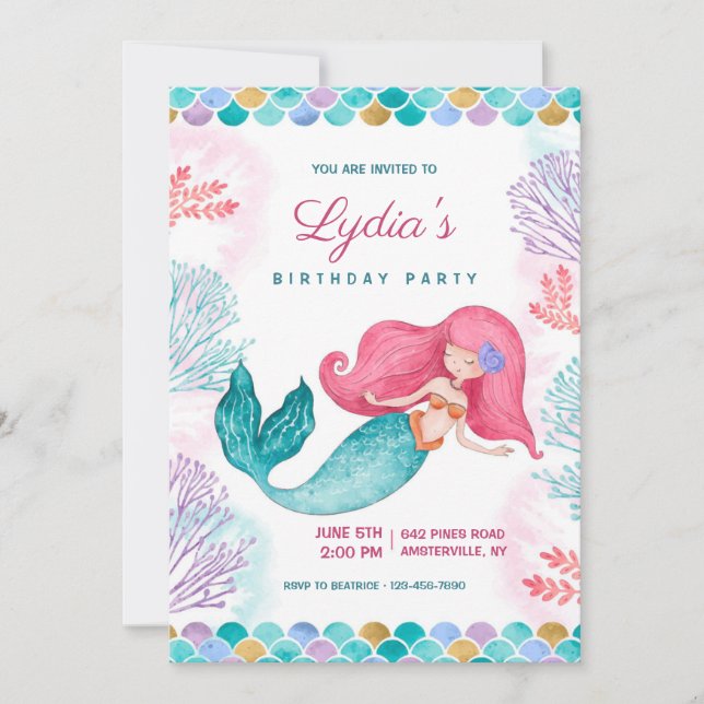Pretty Mermaid Birthday Party  Invitation (Front)