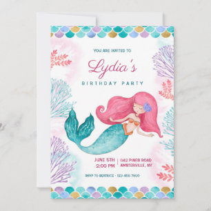 Pretty Mermaid Birthday Party Invitation
