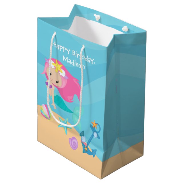 Pretty Mermaid Girl Custom Kids Birthday Party Medium Gift Bag (Front Angled)