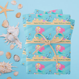 Pretty Mermaid Girl Personalised Beach Birthday Wrapping Paper Sheet
