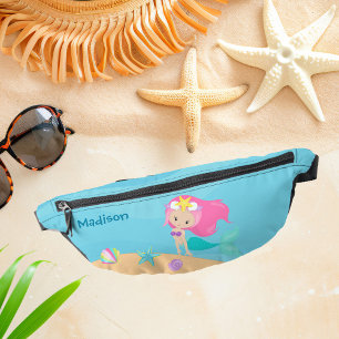 Pretty Mermaid Girl Personalised Kids Beach Bum Bags