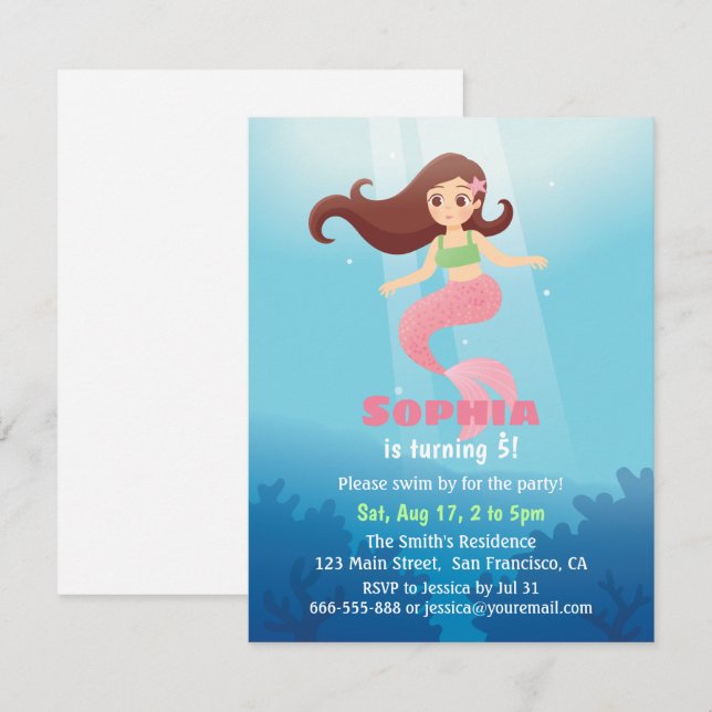 Pretty Mermaid Girl Under the Sea Birthday Party Invitation (Front/Back)