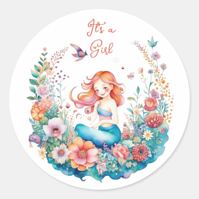 Pretty Mermaid Girl's Baby Shower It's a Girl Classic Round Sticker (Front)