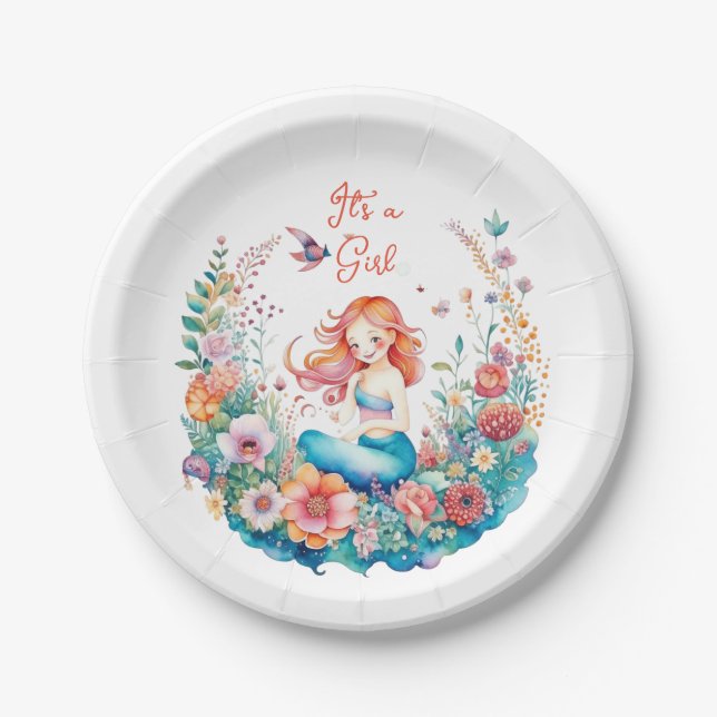 Pretty Mermaid Girl's Baby Shower It's a Girl Paper Plate (Front)